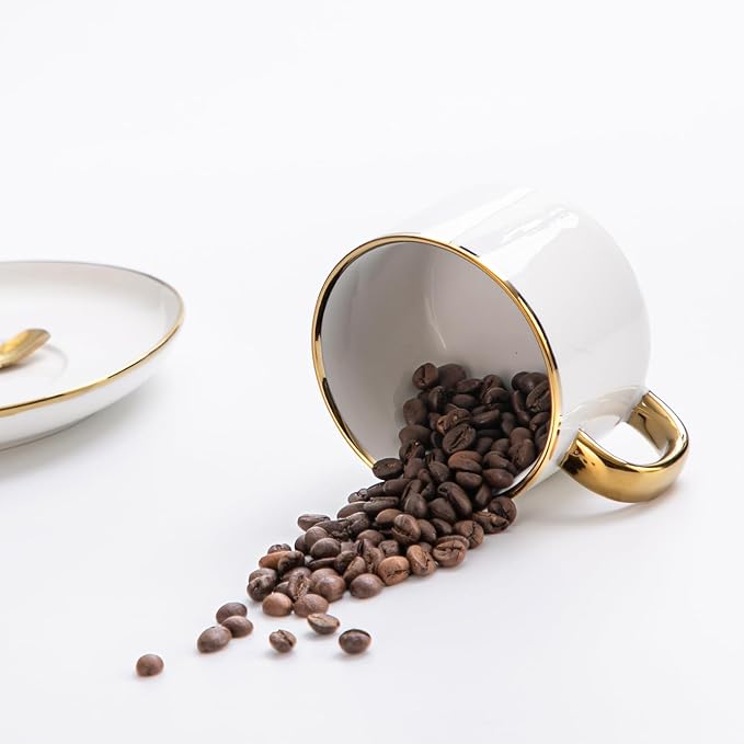 Agyiuns Tea Cups and Saucers with Gold Trim, 6.76 Ounce White Porcelain Tea Set & Coffee Cups for Latte, Cafe Mocha, Tea-Set of 4,Porcelain Mugs for Kitchen or Cafe(white and gold)