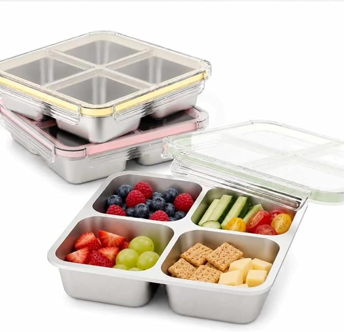 3 Pack Stainless Steel 4 Compartment Snack Containers with Lids, Reusable Divided Lunch & Food Storage Containers for Work, Travel (Pink, Yellow, Green)