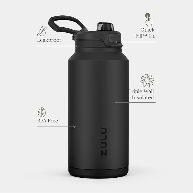 ZULU Powerfill Pro 64oz Half Gallon Stainless Steel Water Bottle with Quick Fill Lid, Triple Walled Vacuum Insulated Metal, Leak Proof Locking Lid, Sip and Chug, Reusable BPA Free, Black Monochrome