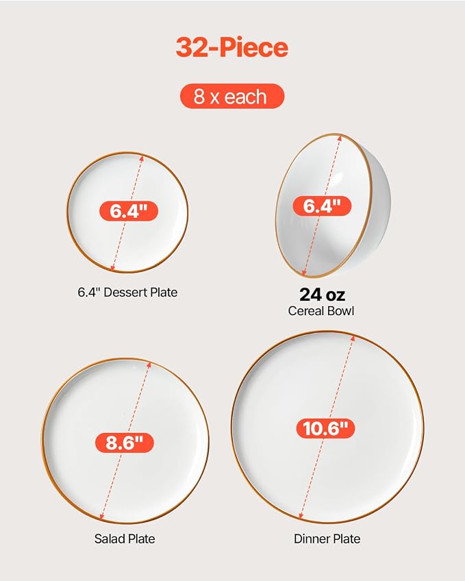 VEVOR Dinnerware Set, Service for 8 (32 PCS), Round Plates and Bowls Sets, Scratch Resistant Ceramic Dinner Ware, Dishwasher and Microwave Suitable Kitchen Dish, for Dessert Salad Soup Pasta, White