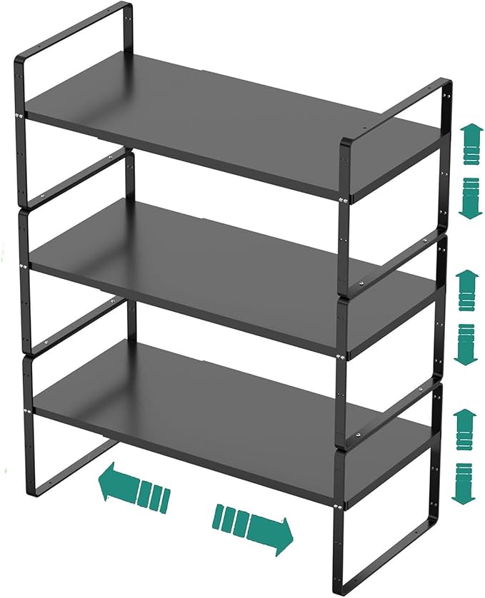 SUZLON Expandable Cabinet Shelf Organizer Rack, Stackable Kitchen Counter Storage Shelves Stand, Adjustable Height Pantry Shelf Spice Rack, Heavy Duty Nonslip Black Small 3Pack
