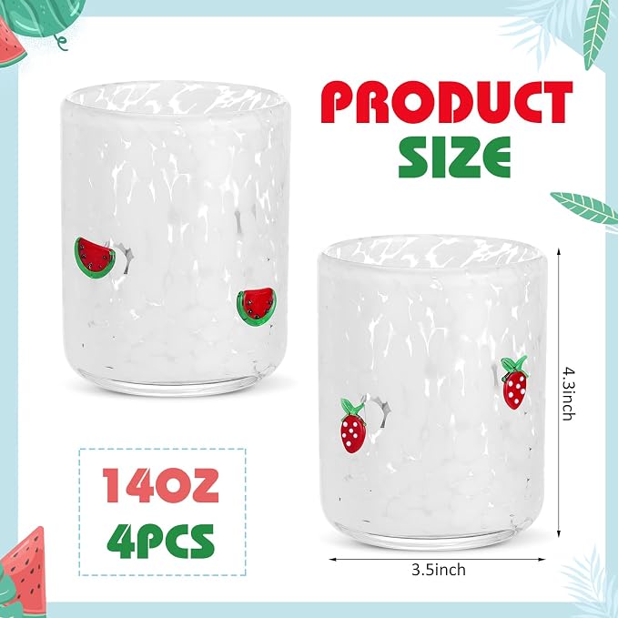 SiliFine 4 Pack Fruit Icon Juice Glasses Set - 14 oz Cherry, Watermelon, Strawberry, Lemon Stemless Glass Cup for Coffee Wine Cocktail Drinking - Summer Birthday Holiday Party Supplies & Ideal Gift