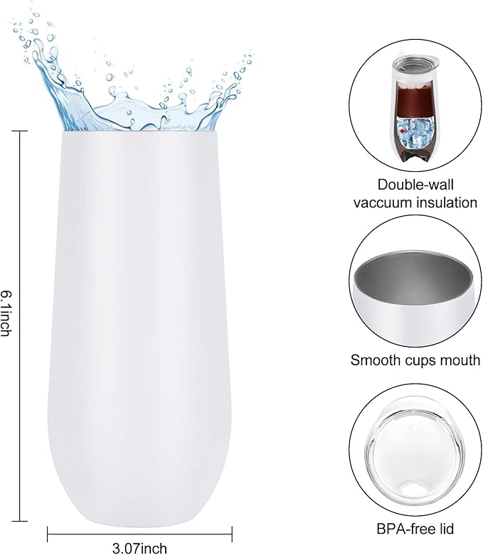 Lifecapido 2 Pack Insulated Stainless Steel Tumblers, 12oz Stemless Flutes, Insulated Champagne Glass for Birthday Party Wedding Christmas (White)