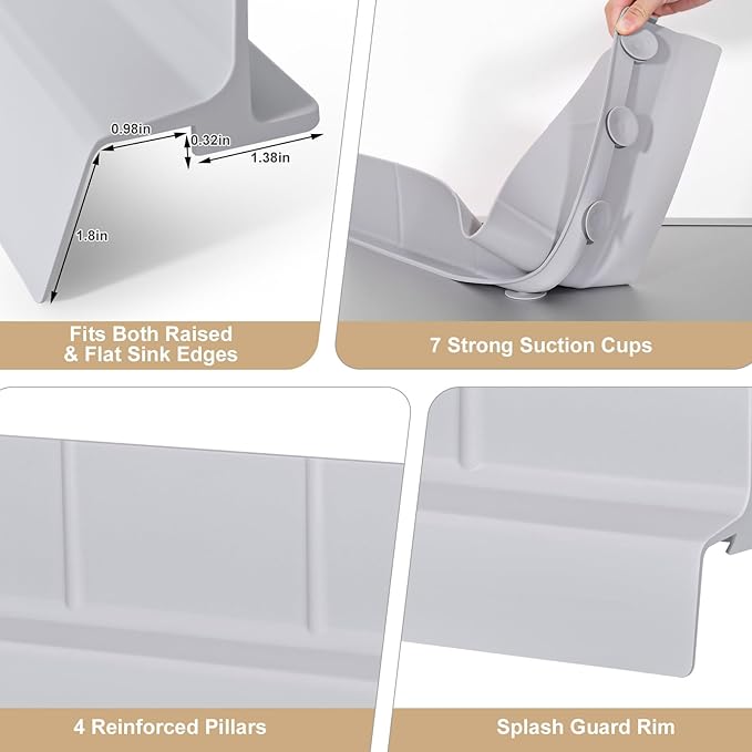 Sink Splash Guard with Suction Cups, 23", Silicone Water Guard for Kitchen & Bathroom, Faucet & Countertop Protector, Easy Install, Dishwasher Safe