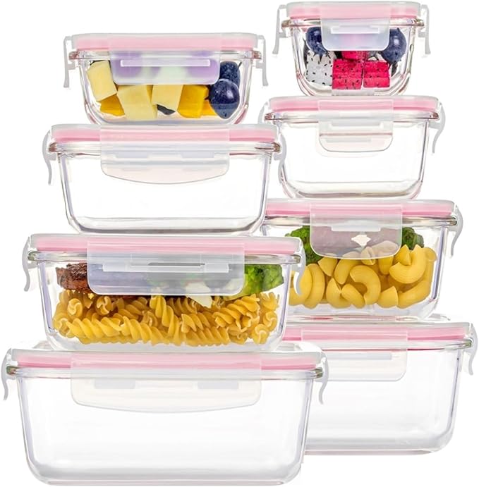 Vacuum Preservation Box 8 Pack Glass Food Storage Containers with Airtight Lids, Glass Meal Prep Containers, Bento Boxes for Lunch, for Microwave Crisper(Pink)