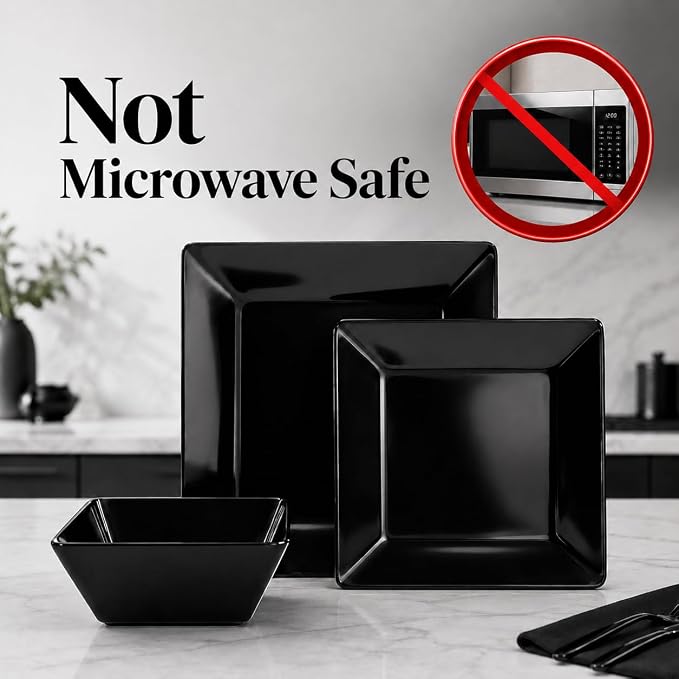 TP 12-Piece Melamine Dinnerware Sets, Plates and Bowls Dishes Set for 4, Break-Resistant & Non-Microwavable, Lightweight Square Dinner Plates, Black
