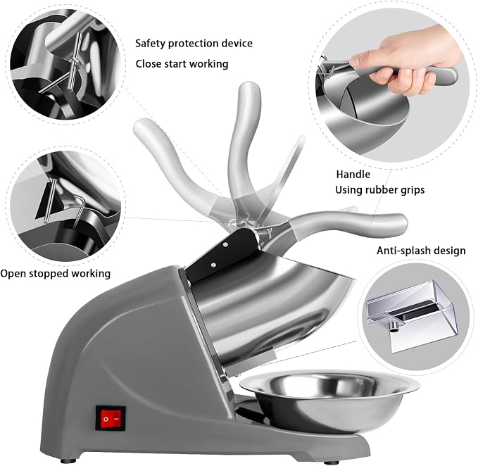 4-Blade Ice Shaver Snow Cone Maker Prevent Splash Stainless Steel ice Crusher Machine,200lbs/hr with ice Tray for Home and Commercial Use（Silver）