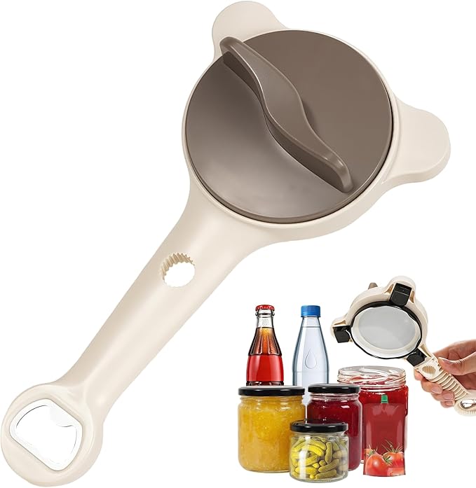 4-in-1 Multi-Functional Jar and Bottle Opener, Adjustable Stainless Steel Lid Remover for Weak Hands & Seniors, Fits Kitchen Jars, Bottles, Cans (Beige)