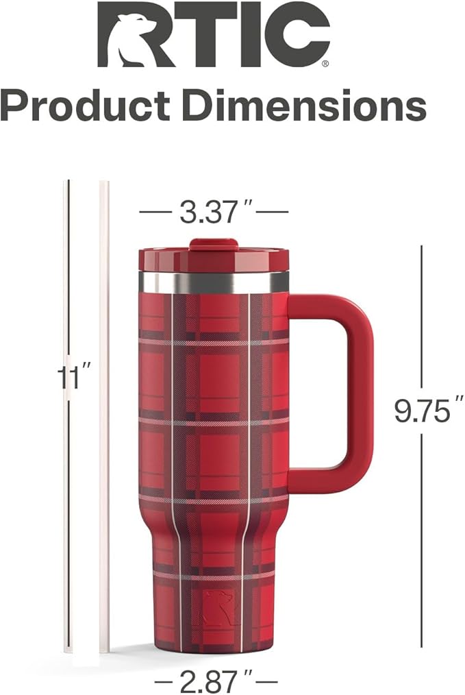 RTIC 30 oz Road Trip Tumbler Double-Walled Ceramic Lined InsulatedStainless Steel Portable Travel Coffee Mug Cup with Lid, Handle and Straw, Red Plaid