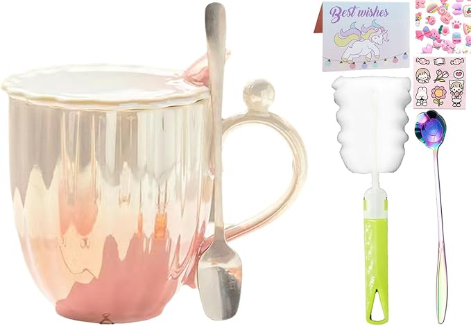 Pearl Ceramic Coffee Mug for Tea Latte Milk Cute Love Shape Cup for Home Office Women Gift 6.5 oz (Shell Blue, 420 ml)