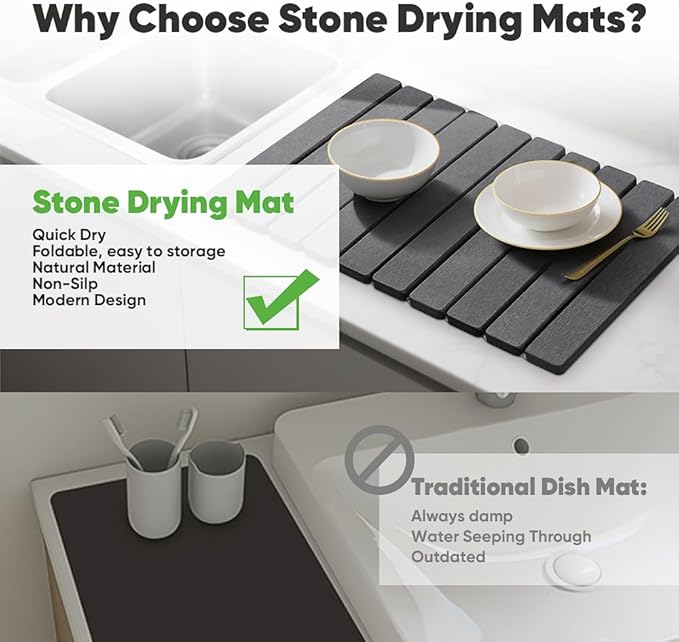 Stone Drying Mat for Kitchen Counter, Quick Diatomaceous Earth Mats for Dishes, 23.6"L x 15.7" W Super Absorbent Fast-Drying Collapsible Countertop Stone Mat (Dark Grey, 24" x 16")