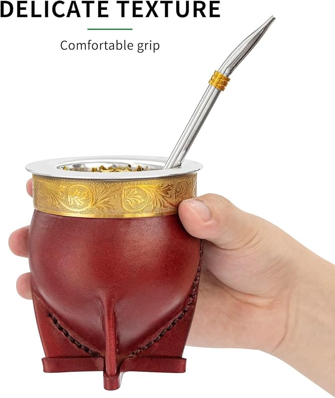 Cuopru Premium Argentina Imperial Yerba Mate Cup with Bombilla Mate (Straw) Set, Baroque Style, Leather Gourd, 304 Stainless Steel Inner (Brown)