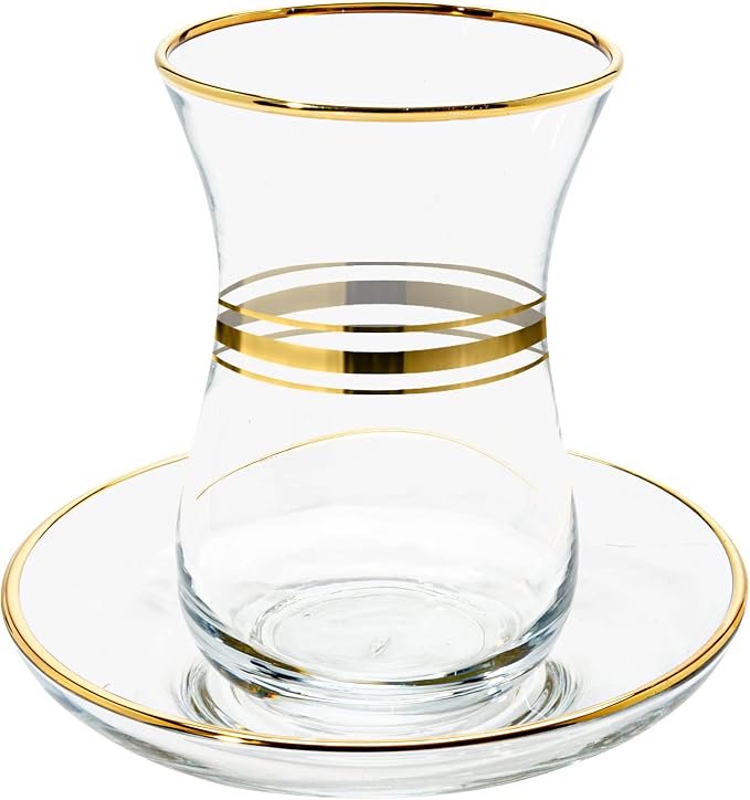 Vikko Turkish Tea Glasses & Saucers, 4 Oz Authentic Turkish Tea Cups,Set of 6 Clear Glass Tea Cups And Saucers, Gold Accented Turkish Tea Cup Set, 6 Cups and 6 Plates
