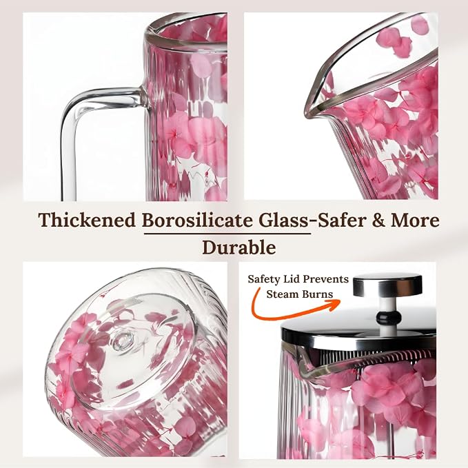 French Press Coffee Maker 22oz – Pink Floral Glass Design – Double-Wall Borosilicate Ribbed Coffee Press with Stainless Steel Filter – Manual Brewer & Tea Press