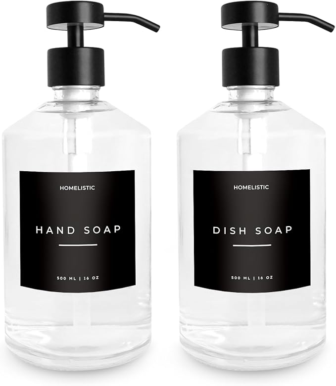 Luxury Glass Soap Dispenser Set of 2 - Elegant Clear Glass Bottles with Matte Black Stainless Steel Pumps, Kitchen Soap and Bathroom Hand Soap Dispenser, Perfect Pump All Homes.