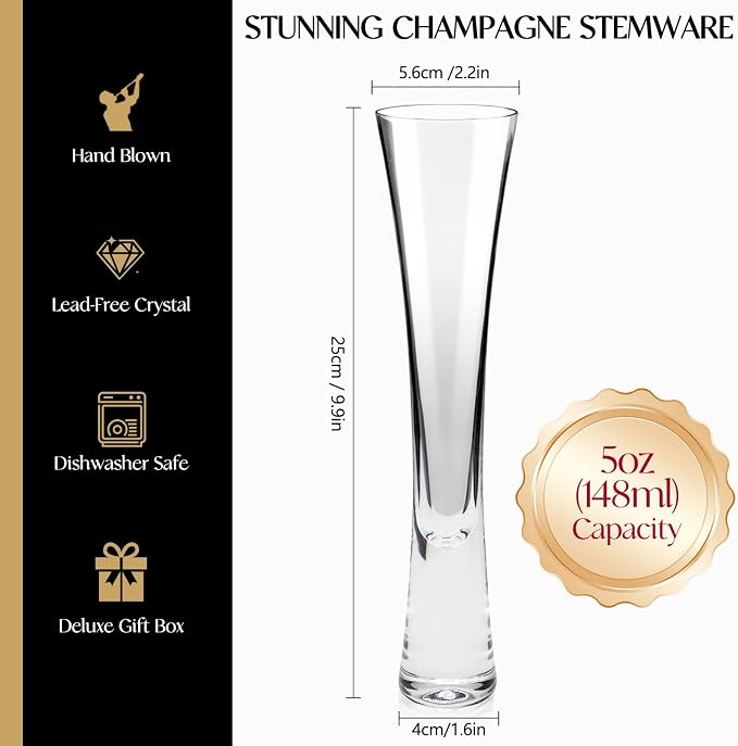 Champagne Flutes Set of 4, Hand Blown Crystal Champagne Glasses, Modern Unique Design, Lead-Free Prosecco Glasses, Elegant Toasting Glasses Gift for Wedding, Anniversary, Birthday, Christmas