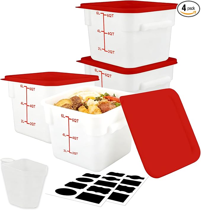 Square Food Containers with Lids 4-Pack, Commercial Grade Plastic Bins for Restaurant Kitchen Pantry Storage, Freezer & Dishwasher Safe (Red, 6QT-4PACK)