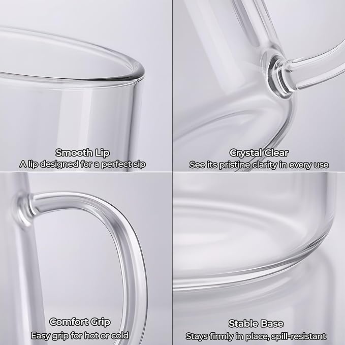 Aquach 16oz Glass Coffee Mugs Set of 2, Large Clear Borosilicate Tea Cups | Dishwasher/Microwave Safe, Single-walled, Smooth Rim, Low-profile Height, Comfort Handle, Home Office