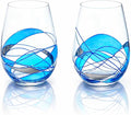 Victoria Barcelona Stemless Wine Glasses Set 2 17Oz Hand Painted Stained Turquoise Sea Unique Gift Anniversary Wedding Birthday Murano Inspired Antoni Gaudi Cornet