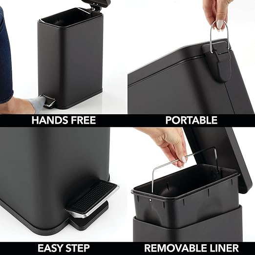 mDesign Pedal Bin — Waste Bin with Pedal, Lid and Plastic Bucket Insert for Bathroom, Kitchen, and Office — Metal Household Rubbish Bin with Ergonomic Design — Black