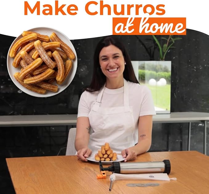 KneadEat Churro Maker Kit with Piping Bag, XL Filling Needle and Decorating Tips Premium Stainless Steel Churrera with Easy Press Handle for Homemade Filled Churros