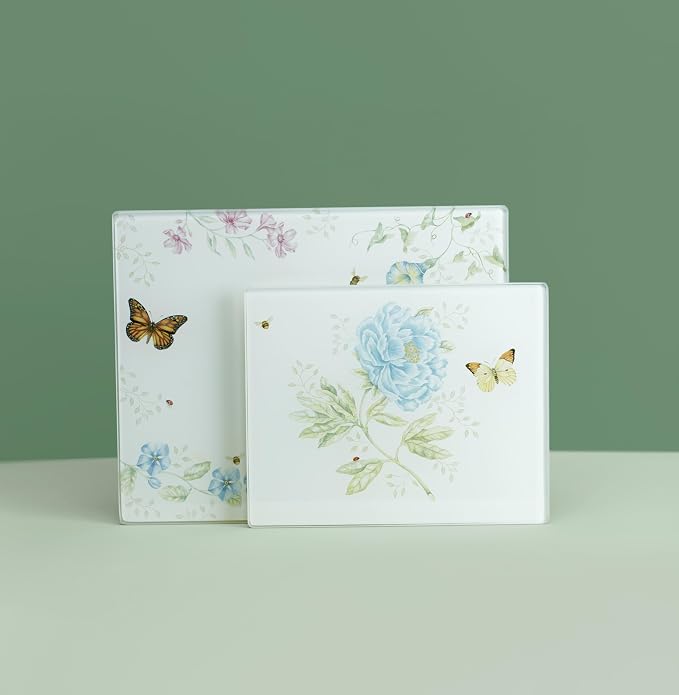 Lenox Kitchen, Butterfly Meadow Large Glass Cutting Board, Glass Material, Cutting Board For Home And Kitchen, Hand Wash Only, Butterflies Design, Tray (White, 1 Piece, 13 Inch W X 10.25 Inch L)