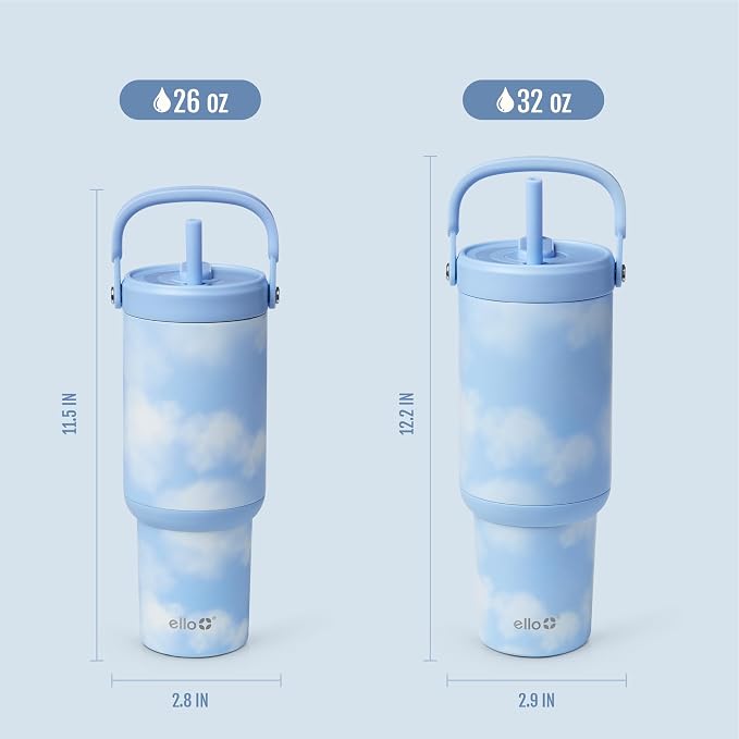 Ello Oasis Go+ 32oz Tumbler with Top Handle and Retracting Straw | Reusable Insulated Stainless Steel Cup, 100% Leakproof Water Bottle, 24 Hours Cold, Cup Holder Friendly For Travel | In The Clouds