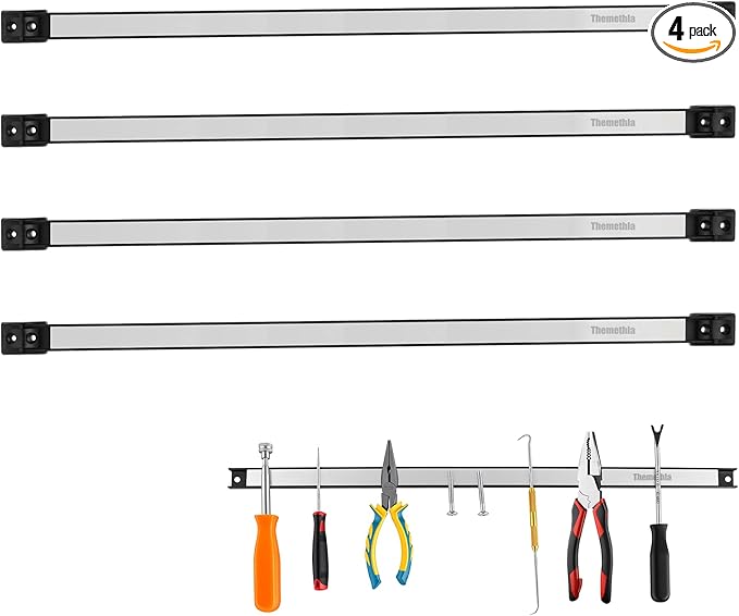 24" Magnetic Tool Holder Strip, 4 Pieces Silver Metal Tool Organizer Rack with Stainless Steel Surface, Magnet Bar for Garage Workshop, Easy To Install with Mounting Screws
