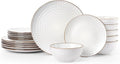 Famiware Eden Embossed Plates and Bowls Sets, Stoneware Dinnerware with Gold Trim, 18-Piece Luxury Dishes for 6, Everyday & Formal Use, Chip/Scratch Resistant, Microwave/Dishwasher Safe, White Circle