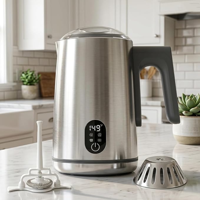 Milk Frother Electric, 4-in-1 Milk Frother and Steamer for Latte, Cappuccino, Hot & Cold Milk Froth Maker, Automatic Milk Steamer and Frother, Quiet One-Touch Operation, Easy to Clean,Brushed Silver