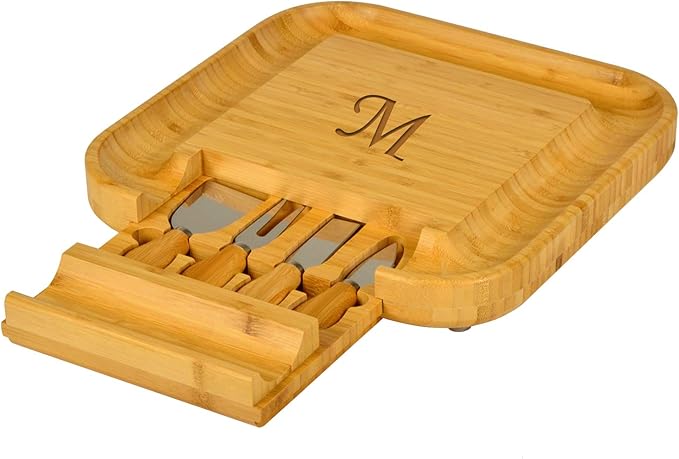 Picnic at Ascot Personalized Monogrammed Engraved Bamboo Cutting Board for Cheese & Charcuterie with Knife Set & Cheese Markers- Designed & Quality Checked in USA