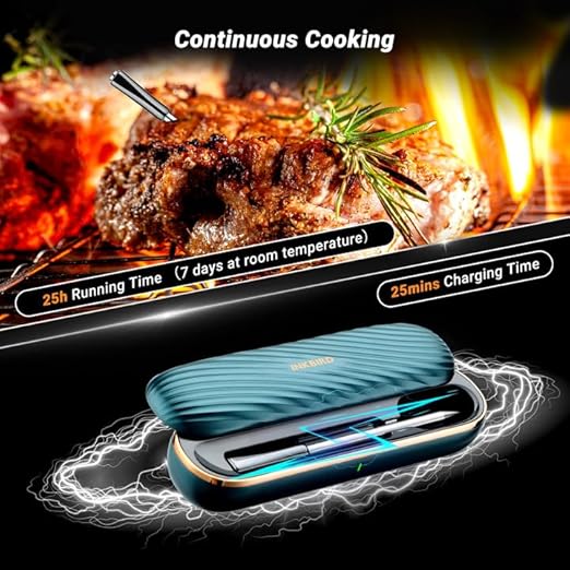 Bluetooth Meat Thermometer with App Remote Control，IP67 Waterproof Wireless Thermoemter for BBQ, Grill, Smoker, Oven, Rotisserie，Ideal for Continuous Cooking, Easy to Clean and Storage