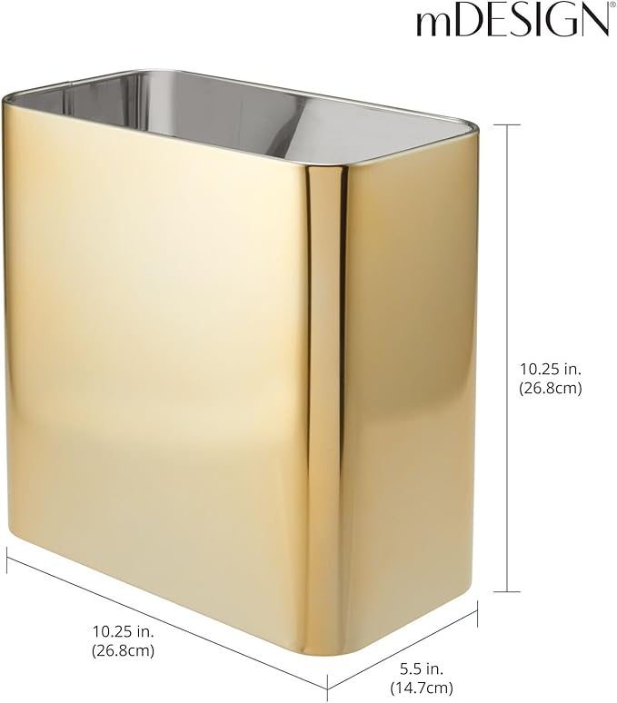 mDesign Modern Compact Freestanding MetalToilet Bowl Brush and Rectangle Open Wastebasket Garbage Can Combo Set for Bathroom Storage - Sturdy, Deep Cleaning - Set of 2 - Brass