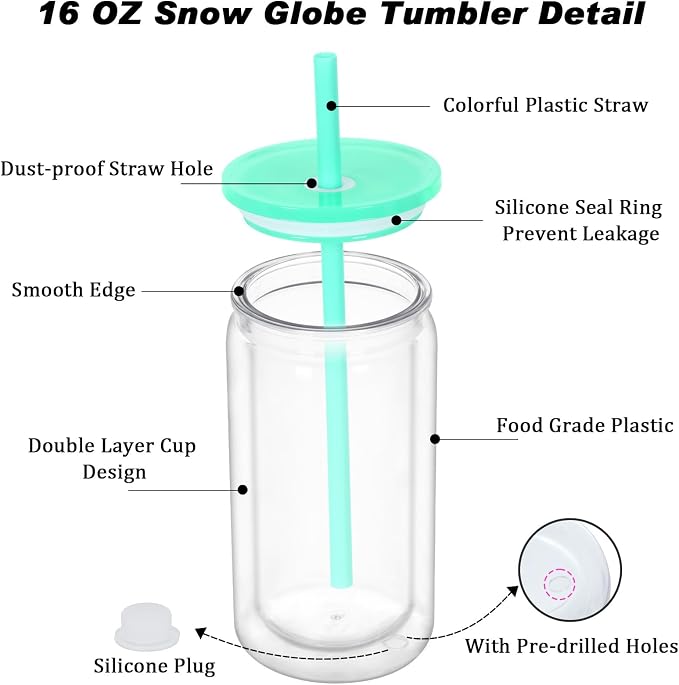 16 oz Plastic Snow Globe Tumbler, 4 Pack Double Wall Snowglobe Tumbler with Pre Drilled Hole, Plastic Mason Jar Cups Can for Snow Globe Glitter DIY (Mixed Colors)
