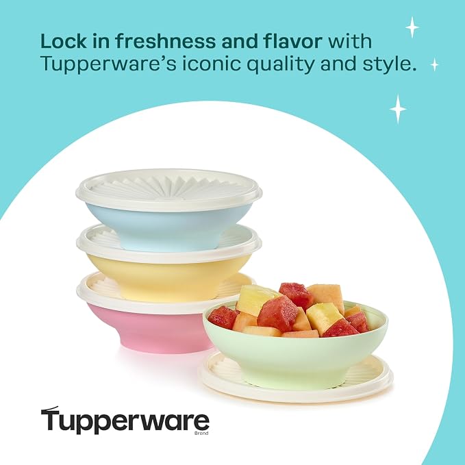 Tupperware Heritage Collection, New 4 Cereal Bowl with Lids Set in Vintage Colors, Dishwasher Safe and BPA Free (4 containers, 4 lids)