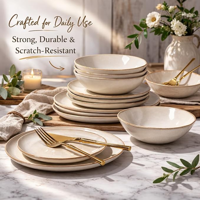 AmorArc Ceramic Dinnerware Sets,Handmade Reactive Glaze Stoneware Plates and Bowls Sets,Highly Scratch Resistant | Dishwasher & Microwave Safe Dishes Set,Service for 4 (12pc)