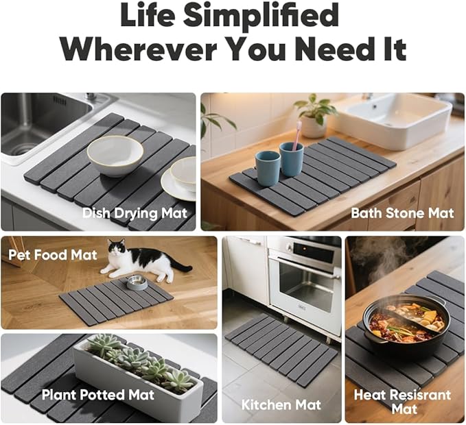 Stone Drying Mat for Kitchen Counter, Quick Diatomaceous Earth Mats for Dishes, 23.6"L x 15.7" W Super Absorbent Fast-Drying Collapsible Countertop Stone Mat (Marble Grey, 24" x 16")