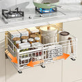 Expandable Pull Out Cabinet Organiser, No Drill Adhesive Slide Out Kitchen Drawer Shelf Durable Metal for Under Sink, Cupboard, Pantry, Adjustable Width (12.8"-19.7") (Style B White, 1 Pack)