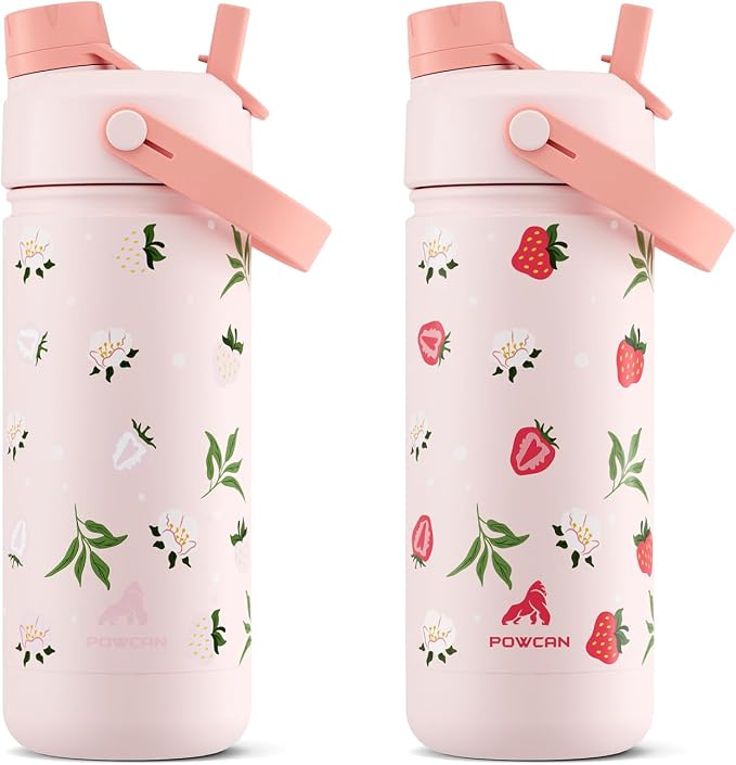 18 oz Kids Water Bottle: Leakproof, 2-in-1 Straw Spout Lid, BPA-Free, Easy Carry, Keep Cold 24H, Insulated Stainless Steel Cup for Backpack, Sports, Camping, Trip, Gift, Home (Sun-Kissed Strawberry)