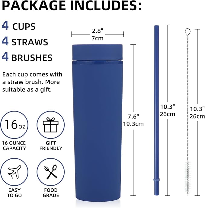 Volhoply 16oz Plastic Skinny Tumbler with Lid and Straw Bulk 4 Pack,Insulated Double Wall BPA Free Matte Acrylic Tumblers,Iced Coffee Travel Mug Reusable Party Cup,Customizable Diy Gifts(Navy,4 Set)