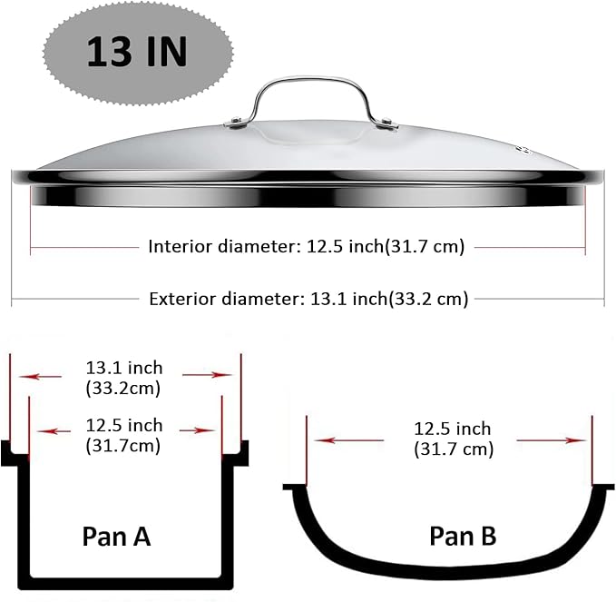 Premium Tempered Clear Glass Lids, 11", 12", 13" Stainless Steel Replacement Lid for Pots, Pans and Skillets, Large Glass Covers with Steam Vent