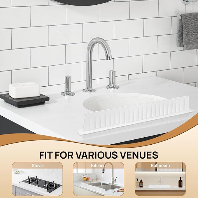 Silicone Sink Splash Guard for Kitchen Edge, 20 Inch Long Water Barrier with Strong Suction Cups, White Dish Washing Baffle for Countertop, Wet Clothes Protector for Island & Bathroom, Reusa