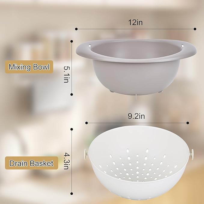 VECELO 2 In 1 Colander Strainer with Bowl Set, Fruit Vegetable Washing Colanders & Food Strainers, Heat-Resisted, Double Layer Colander for Kitchen for Pasta, Berry, Salads, Grey