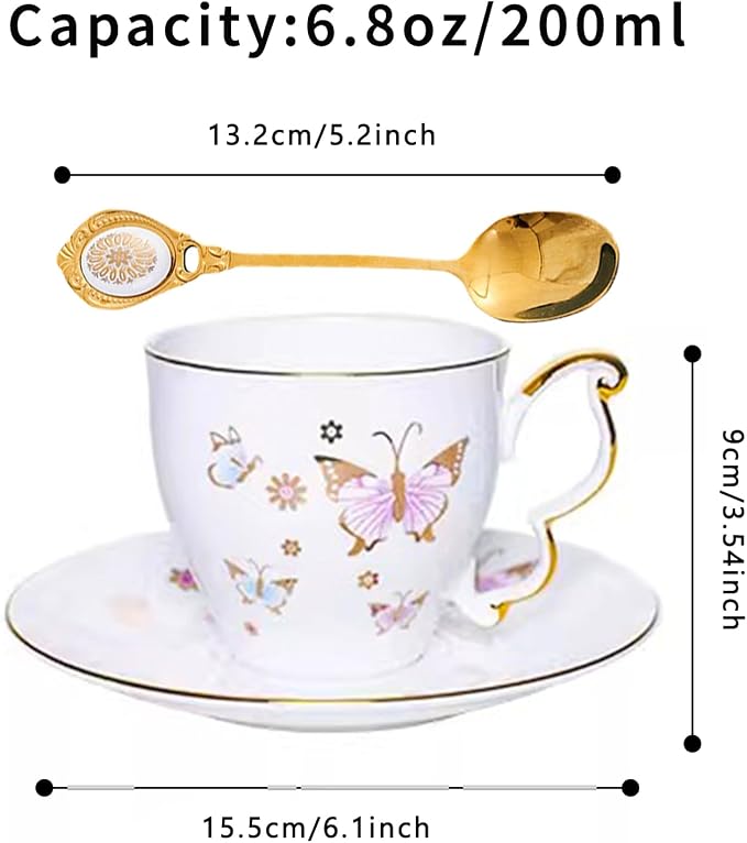 Butterfly Cup and Saucer Set, Bone China Tea Cup and Saucer with Spoon, Porcelain Coffee Mug with Gold Trim, Dishwasher Safe, Gift for Women, Mom, Friends, 6.8 oz