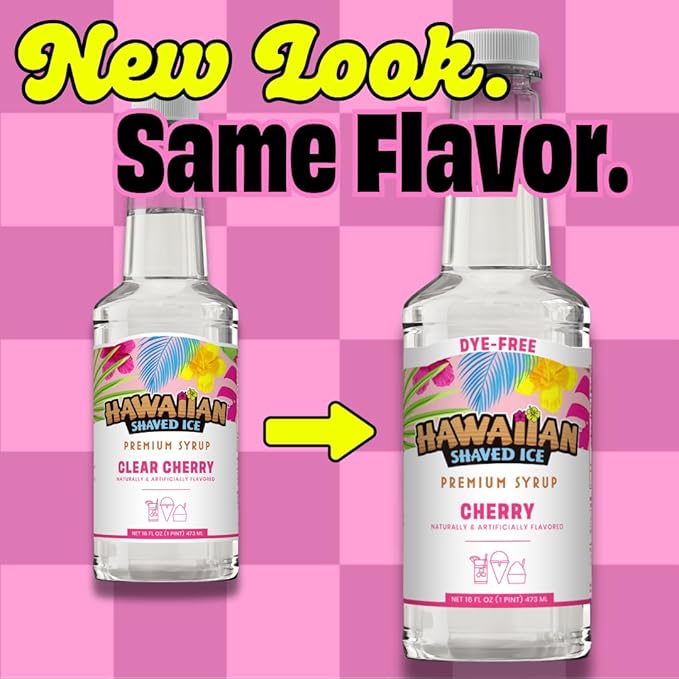 Hawaiian Shaved Ice Clear Cherry Syrup - Nut Soy Dairy & Dye Free - Flavor Fluffy & Crunchy Snow Cones - Shelf Stable - Makes 8 Servings - 16 ounces