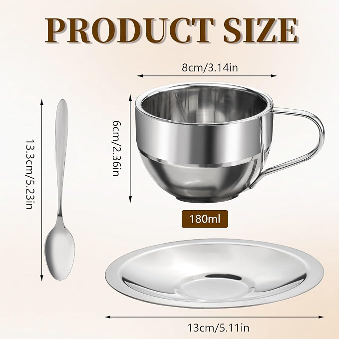 304 Stainless Steel Coffee Cups with Spoon & Saucer, 6.08 Oz Metal Espresso Mugs, Double Walled Insulated Espresso Coffee Cup for Cappuccino Latte Milk Tea Beverages (1 Set，180 ml)