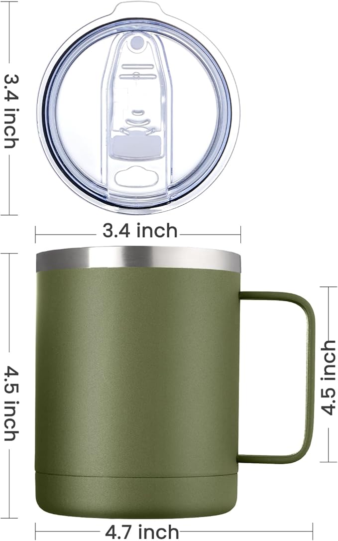 MEWAY 12oz Coffee Mug With Handle 8 Pack Bulk,Stainless Steel Insulated Travel Tumblers With Sliding Lid,Double Wall Vacuum Camping Cup for Hot & Cold Drinks Tea (Army Green,Set of 8)