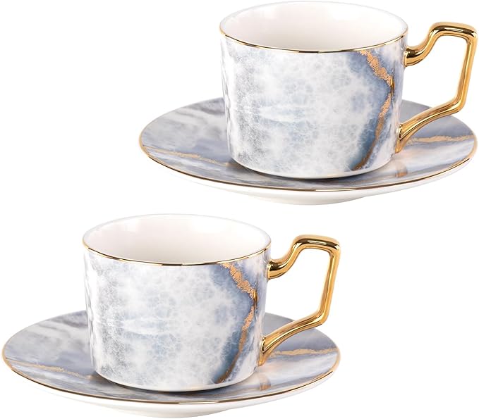 KAMMAK Tea Cups and Saucers Set of 2, Porcelain Coffee Cups, Stackable Espresso Mugs, Ceramic Demitasse for Coffee, Latte, Americano, Tea, Marble Gray