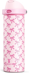 24 oz Insulated Water Bottle for Women: Meoky Stainless Steel Metal Water Bottle with 2-in-1 Straw and Spout Lid - Leak Proof, Cold for 24 Hours, Protective Silicone Base, BPA-Free for School, Bow
