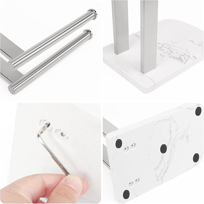 NearMoon Hand Towel Holder with Balanced Marble Base, SUS304 Stainless Steel Stand Towel Ring L Shape Hand Towel Rack Free-Standing Towel Bar for Bathroom Kitchen Countertop(Double Rod Brushed Nickel)
